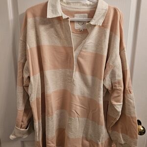 AERIE Rugby Cream and Tan Striped Collared Shirt
